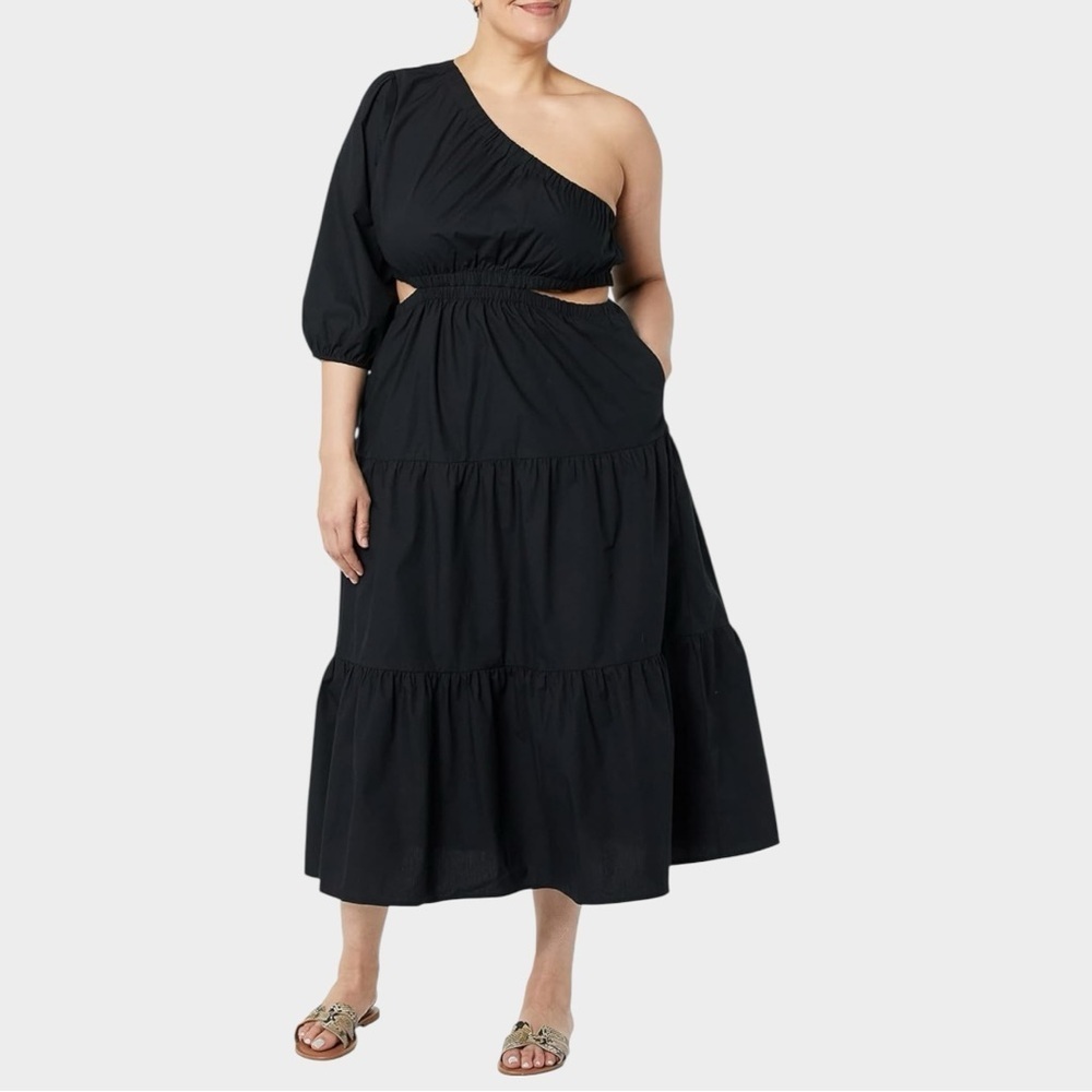 The Drop One Shoulder Cut-Out Tiered Midi Dress XL